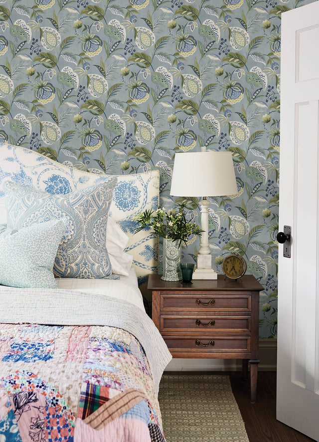 Bohemian Blue Jacobean Wallpaper with Botanical Farmhouse Style - Chesapeake 3125-72300