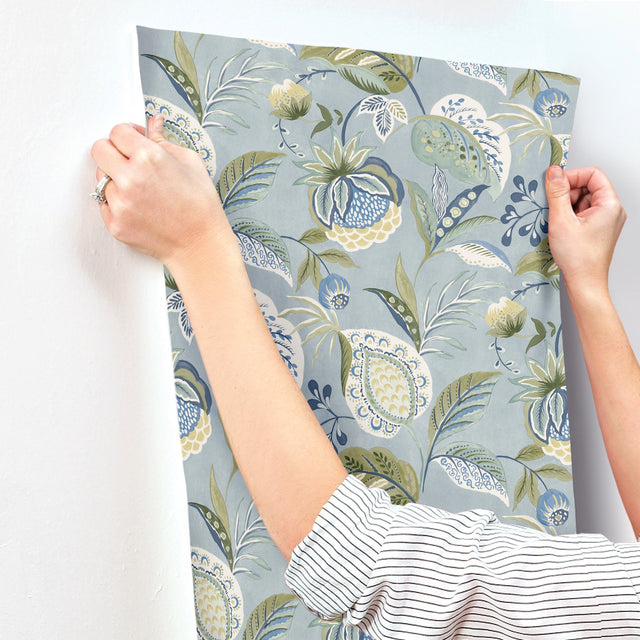 Bohemian Blue Jacobean Wallpaper with Botanical Farmhouse Style - Chesapeake 3125-72300