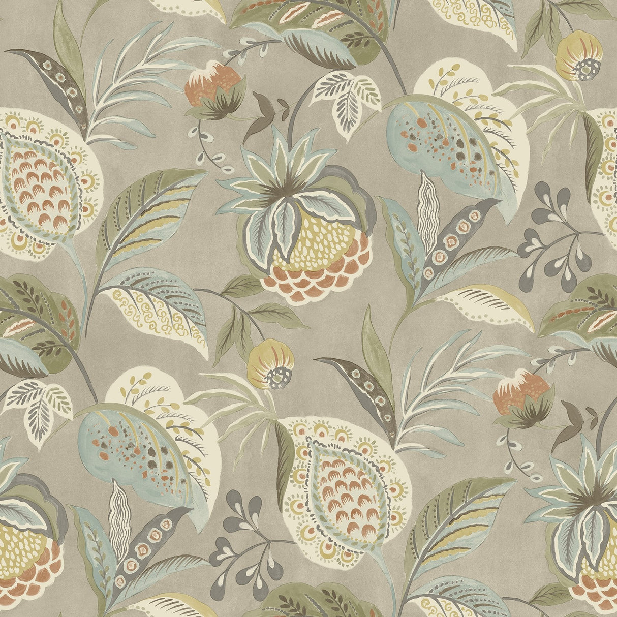 Bohemian Taupe Jacobean Wallpaper with Botanical Jacobean Motif - Chesapeake 3125-72301SAM