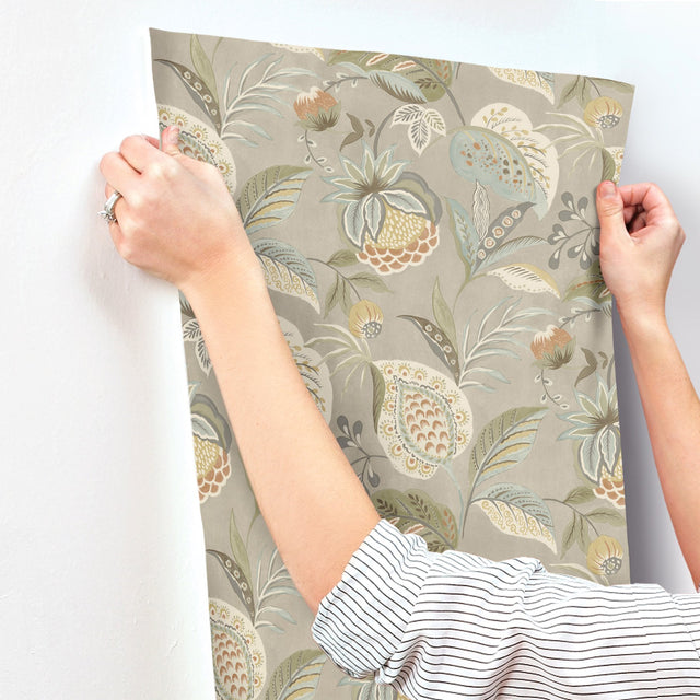 Bohemian Taupe Jacobean Wallpaper with Botanical Jacobean Motif - Chesapeake 3125-72301