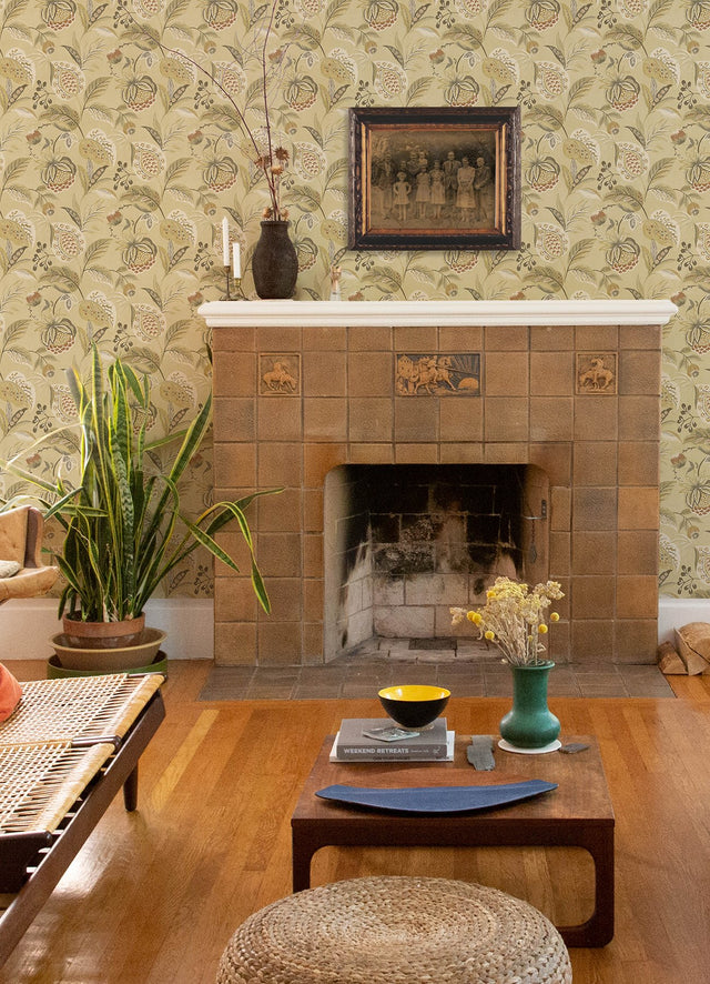Bohemian Mustard Jacobean Wallpaper with Botanical Farmhouse Style - Chesapeake 3125-72302