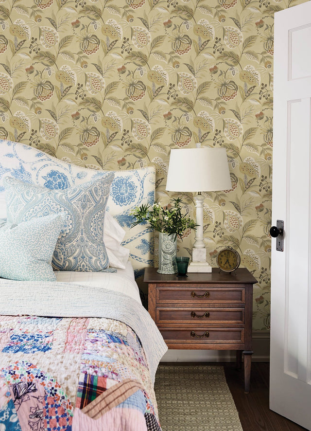 Bohemian Mustard Jacobean Wallpaper with Botanical Farmhouse Style - Chesapeake 3125-72302
