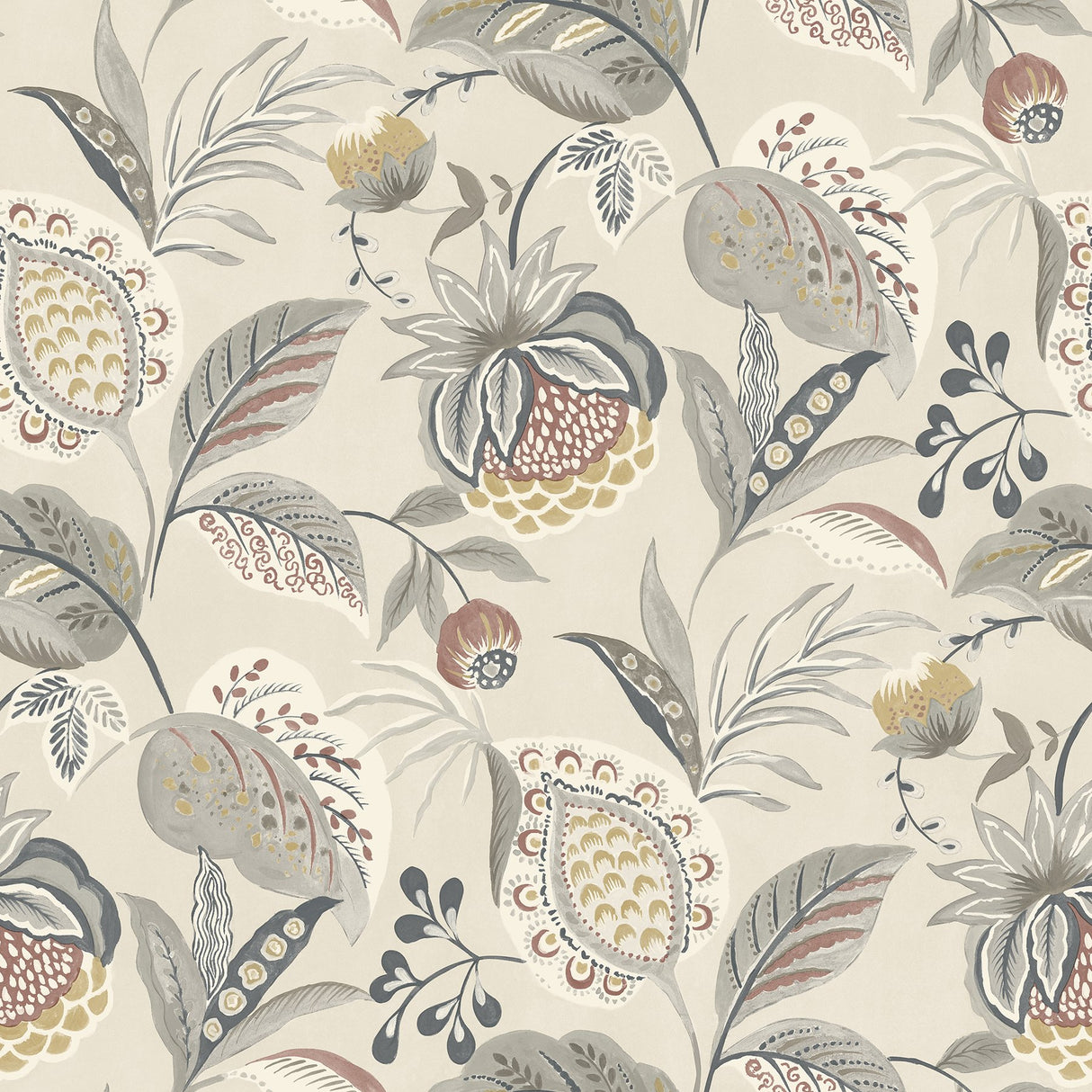 Bohemian Grey Jacobean Wallpaper with Botanical Farmhouse Motif - Chesapeake 3125-72304