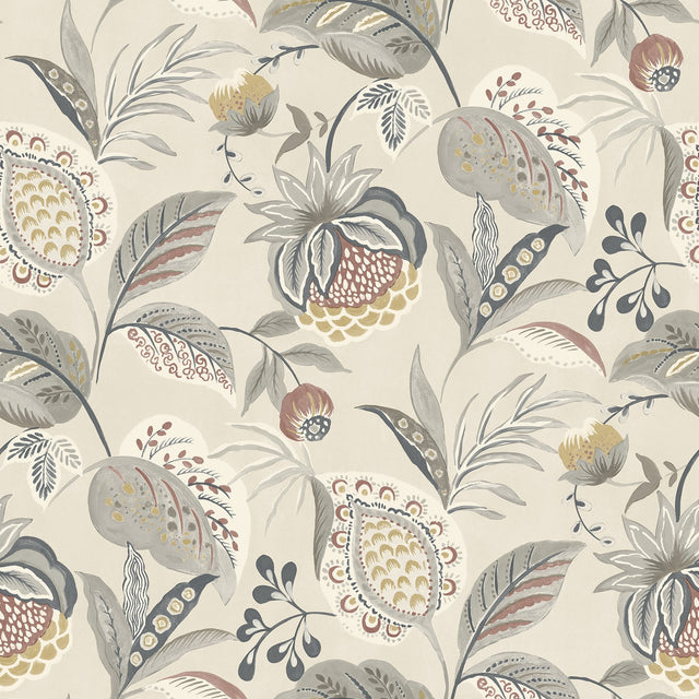 Bohemian Grey Jacobean Wallpaper with Botanical Farmhouse Motif - Chesapeake 3125-72304