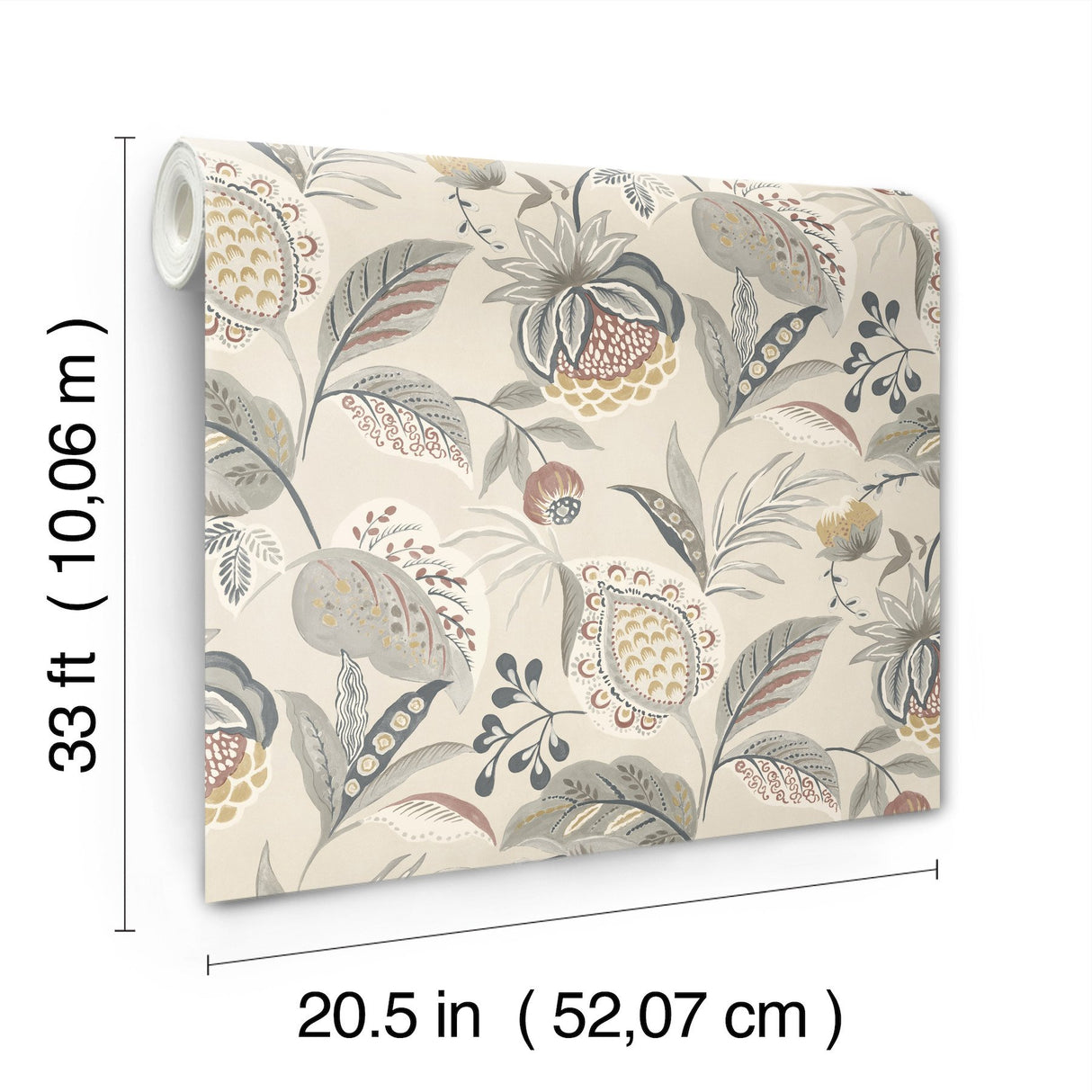 Bohemian Grey Jacobean Wallpaper with Botanical Farmhouse Motif - Chesapeake 3125-72304