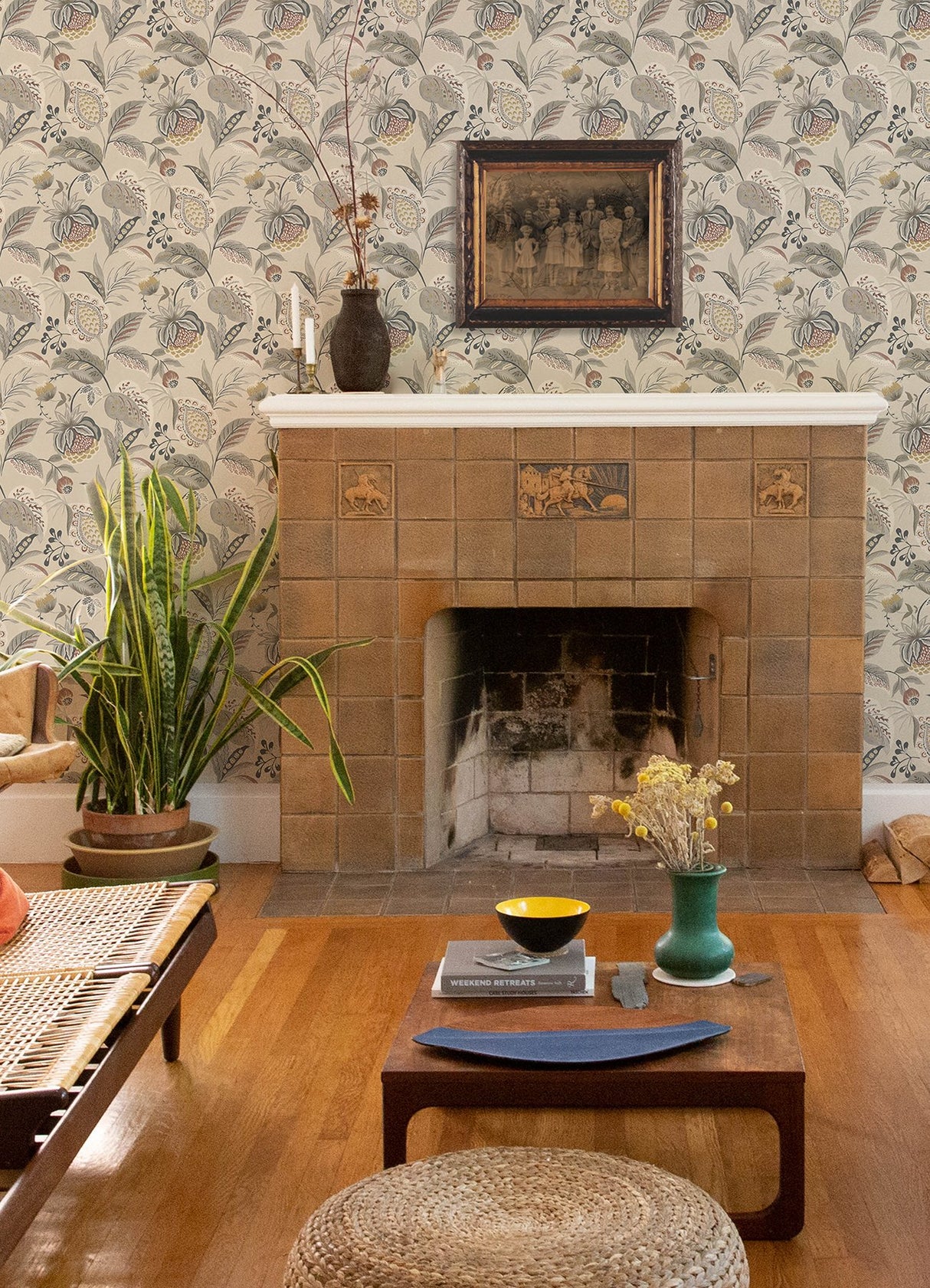 Bohemian Grey Jacobean Wallpaper with Botanical Farmhouse Motif - Chesapeake 3125-72304