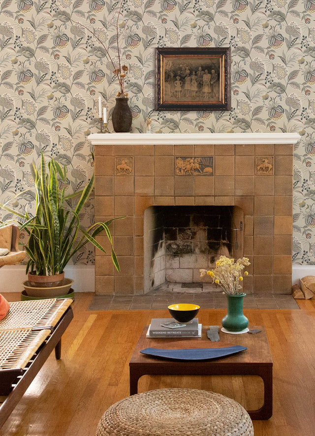 Bohemian Grey Jacobean Wallpaper with Botanical Farmhouse Motif - Chesapeake 3125-72304