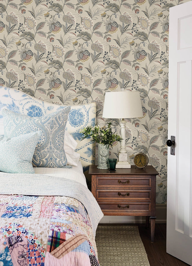Bohemian Grey Jacobean Wallpaper with Botanical Farmhouse Motif - Chesapeake 3125-72304