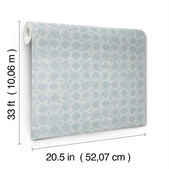 Button Block Blue Geometric Wallpaper with Hand-Drawn Quilt Motif - Chesapeake 3125-72305