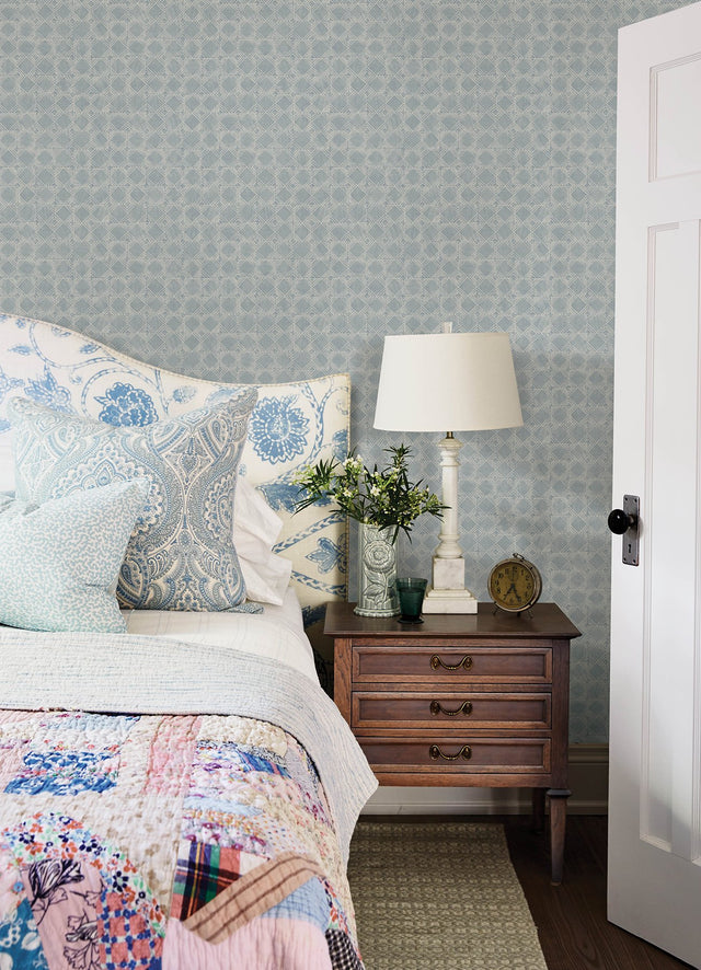 Button Block Blue Geometric Wallpaper with Hand-Drawn Quilt Motif - Chesapeake 3125-72305