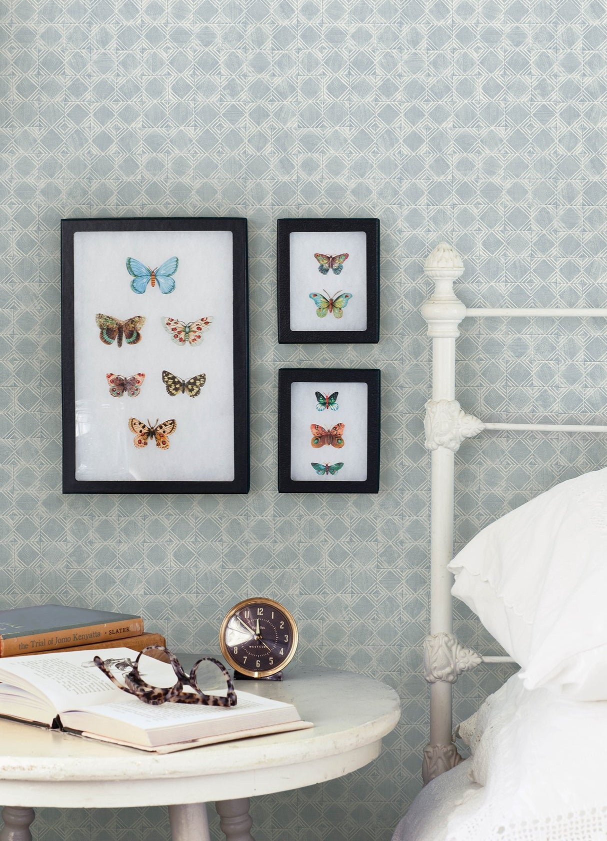 Button Block Blue Geometric Wallpaper with Hand-Drawn Quilt Motif - Chesapeake 3125-72305