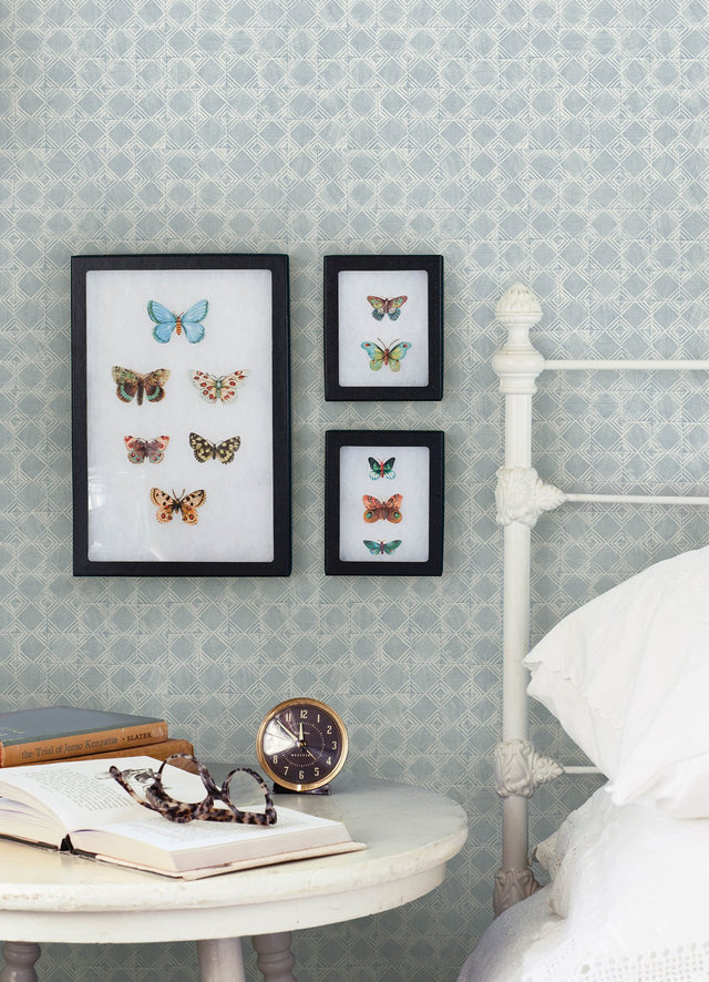 Button Block Blue Geometric Wallpaper with Hand-Drawn Quilt Motif - Chesapeake 3125-72305