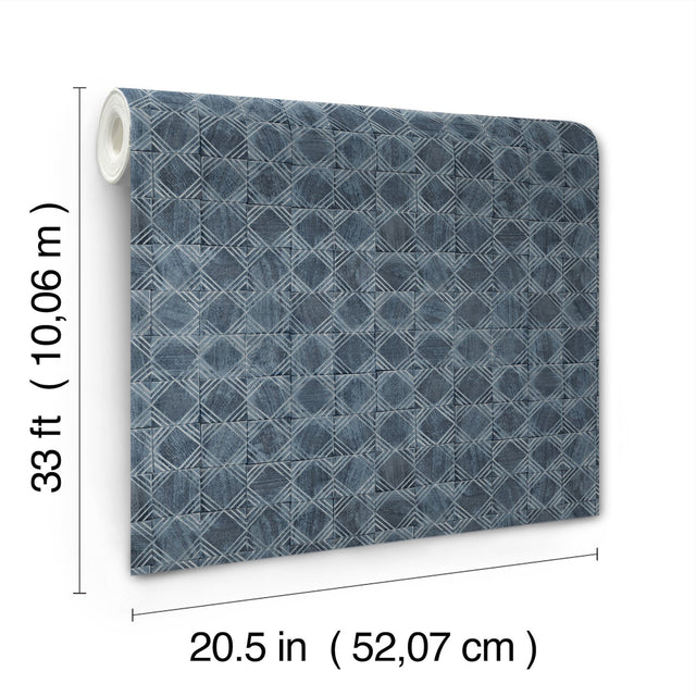 Button Block Navy Geometric Wallpaper with Farmhouse Graphic Motif - Chesapeake 3125-72306