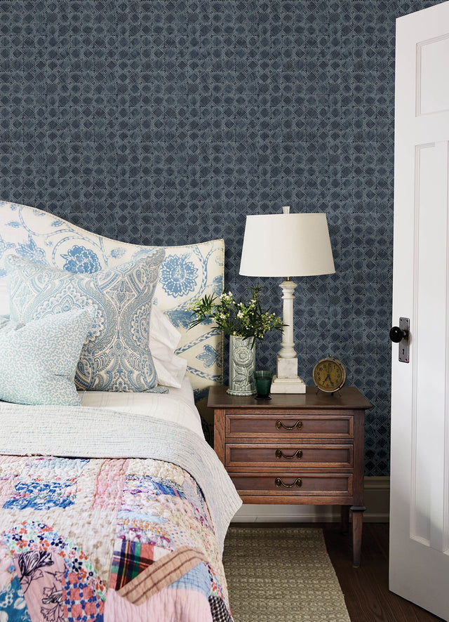 Button Block Navy Geometric Wallpaper with Farmhouse Graphic Motif - Chesapeake 3125-72306