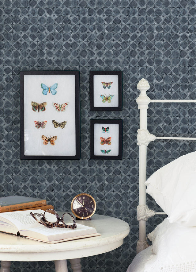 Button Block Navy Geometric Wallpaper with Farmhouse Graphic Motif - Chesapeake 3125-72306