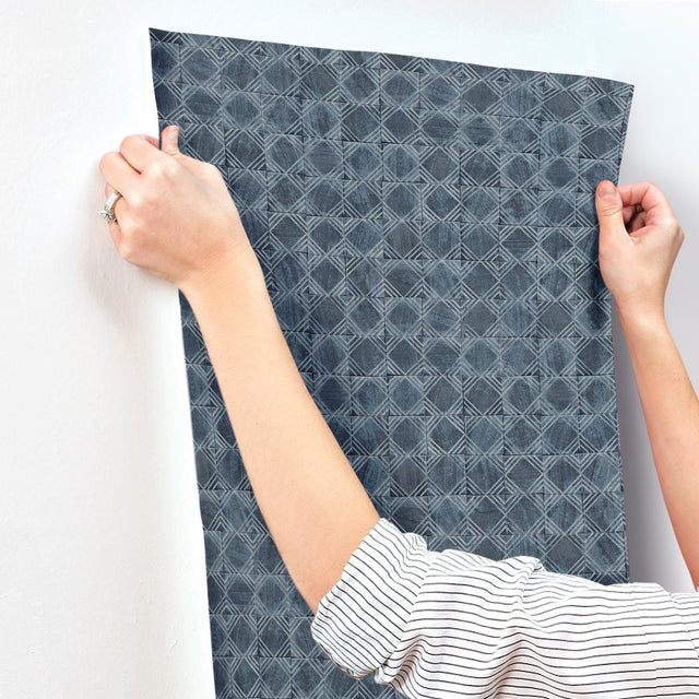 Button Block Navy Geometric Wallpaper with Farmhouse Graphic Motif - Chesapeake 3125-72306
