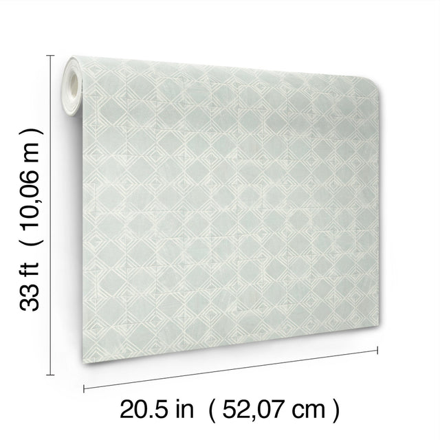 Button Block Aqua Geometric Wallpaper with Handcrafted Quilt-Inspired Square Motif - Chesapeake 3125-72308