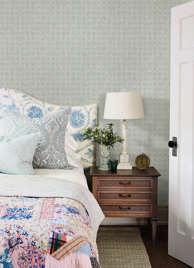 Button Block Aqua Geometric Wallpaper with Handcrafted Quilt-Inspired Square Motif - Chesapeake 3125-72308
