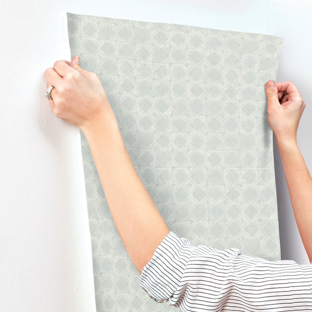 Button Block Aqua Geometric Wallpaper with Handcrafted Quilt-Inspired Square Motif - Chesapeake 3125-72308