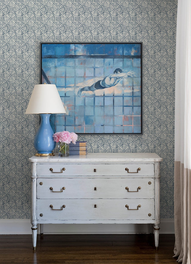 Sandee Navy Medallion Wallpaper with Modern Graphic Medallions - Chesapeake 3125-72310