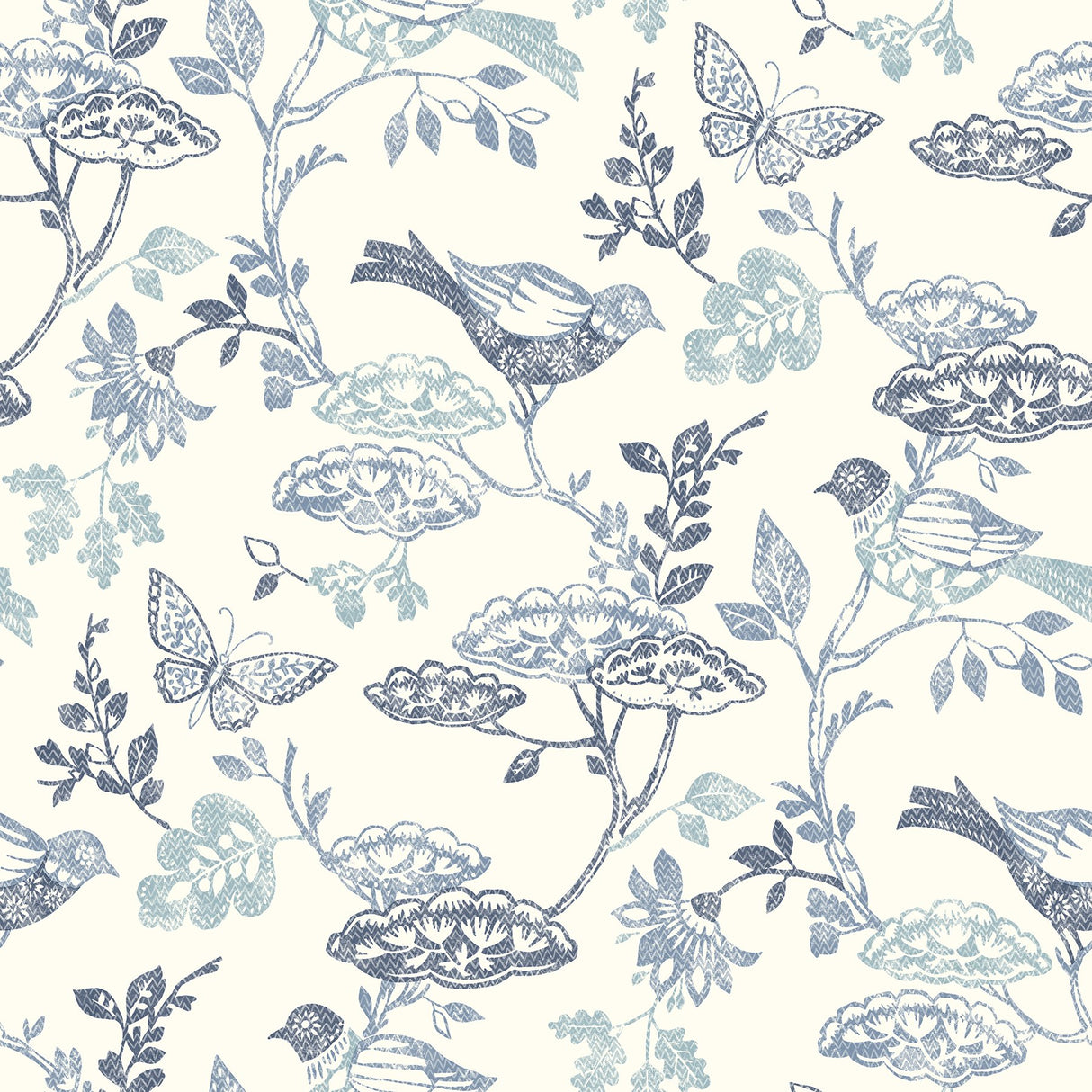 Malmo Blue Trail Wallpaper with Birds and Butterflies Farmhouse Sure Strip - Chesapeake 3125-72316