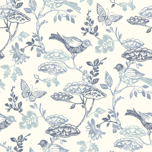 Malmo Blue Trail Wallpaper with Birds and Butterflies Farmhouse Sure Strip - Chesapeake 3125-72316