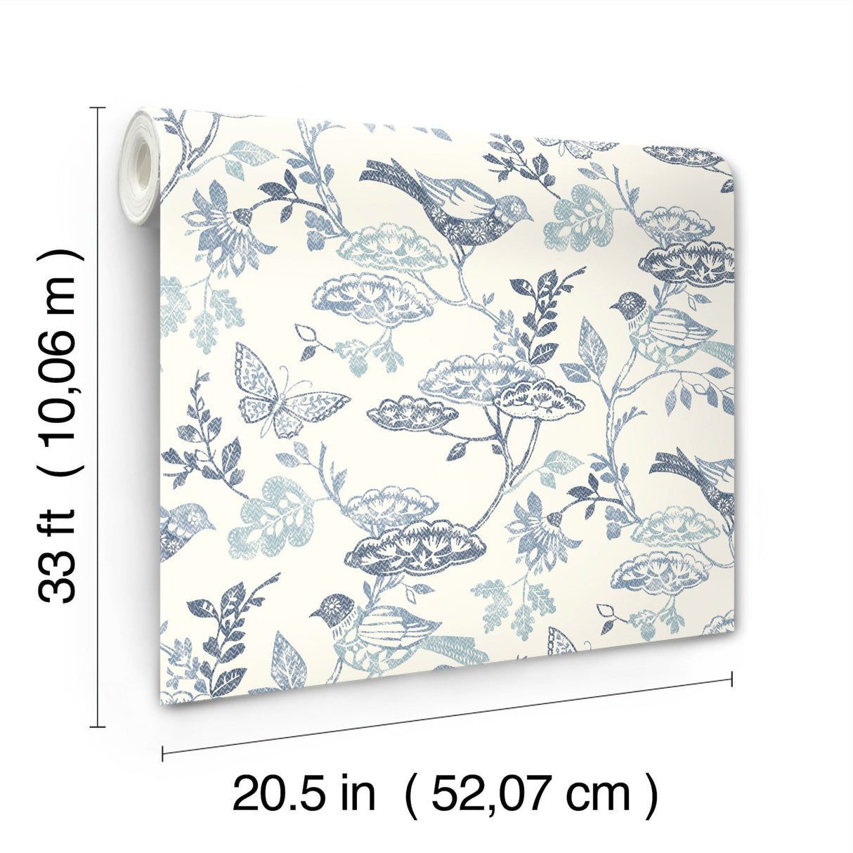 Malmo Blue Trail Wallpaper with Birds and Butterflies Farmhouse Sure Strip - Chesapeake 3125-72316