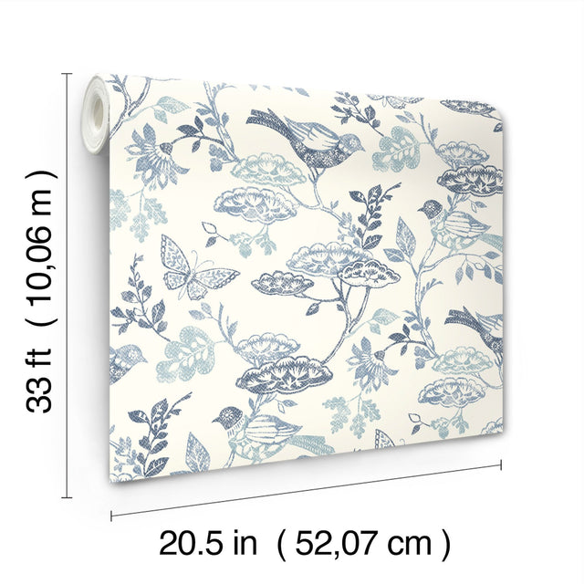 Malmo Blue Trail Wallpaper with Birds and Butterflies Farmhouse Sure Strip - Chesapeake 3125-72316