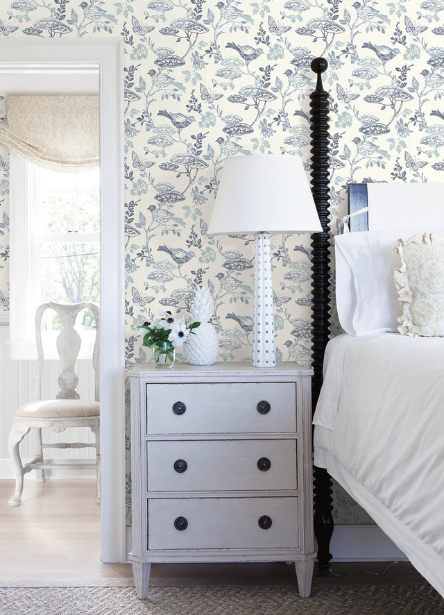 Malmo Blue Trail Wallpaper with Birds and Butterflies Farmhouse Sure Strip - Chesapeake 3125-72316