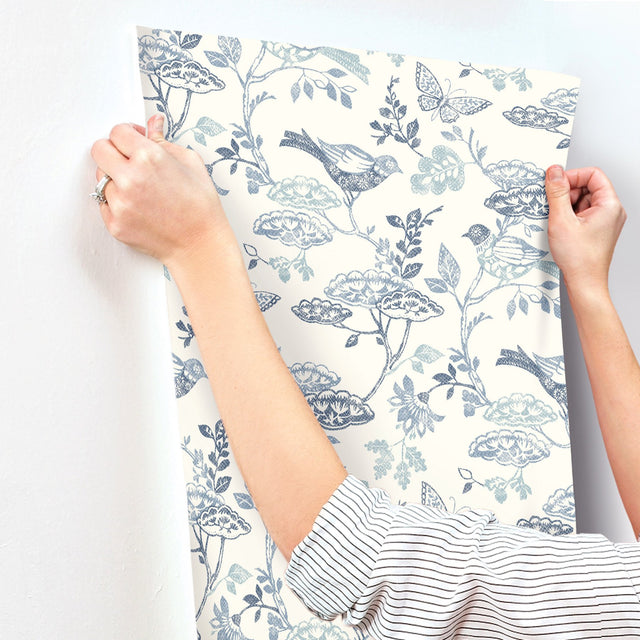 Malmo Blue Trail Wallpaper with Birds and Butterflies Farmhouse Sure Strip - Chesapeake 3125-72316