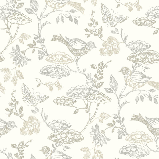 Malmo Grey Trail Wallpaper with Birds and Butterflies Pattern - Chesapeake 3125-72317