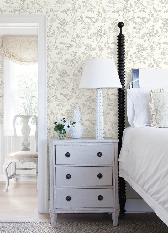 Malmo Grey Trail Wallpaper with Birds and Butterflies Pattern - Chesapeake 3125-72317