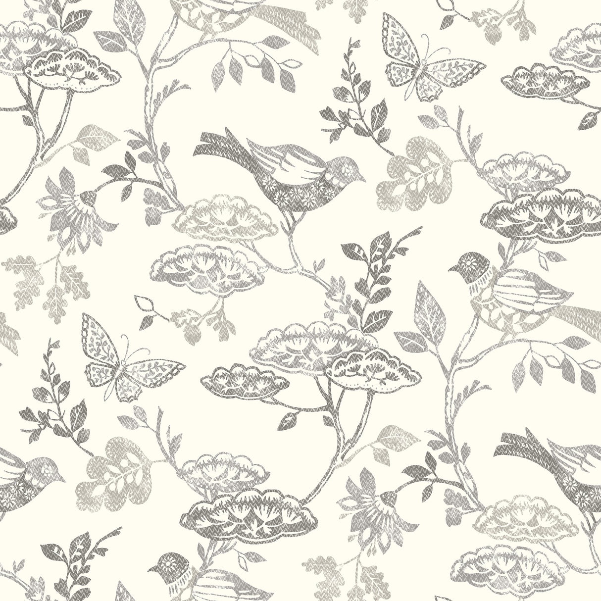 Malmo Black Trail Wallpaper with Birds and Butterfly Farmhouse Pattern - Chesapeake 3125-72319
