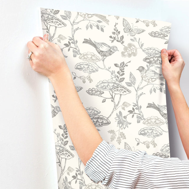 Malmo Black Trail Wallpaper with Birds and Butterfly Farmhouse Pattern - Chesapeake 3125-72319