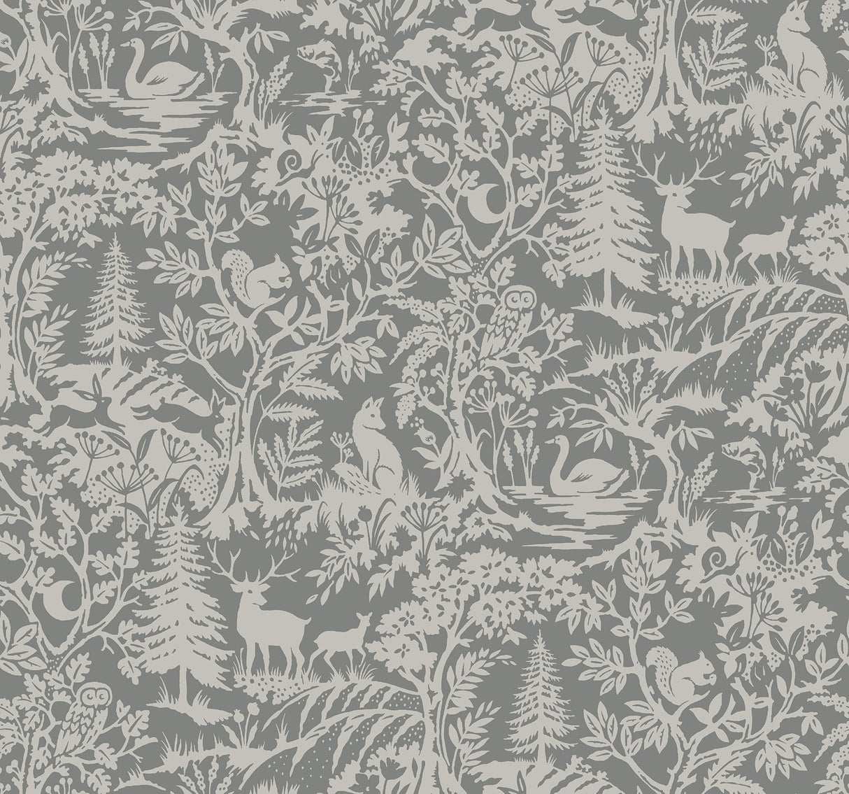 Alrick Charcoal Forest Venture Wallpaper with Woodland Animals Motif - Chesapeake 3125-72321