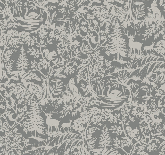 Alrick Charcoal Forest Venture Wallpaper with Woodland Animals Motif - Chesapeake 3125-72321