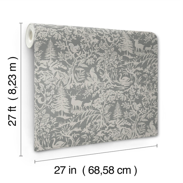 Alrick Charcoal Forest Venture Wallpaper with Woodland Animals Motif - Chesapeake 3125-72321