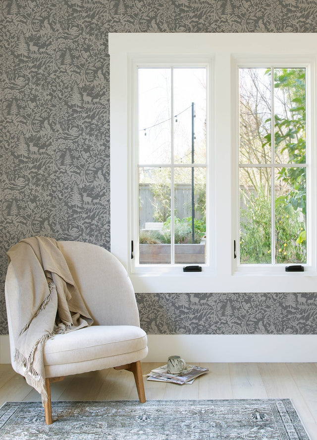 Alrick Charcoal Forest Venture Wallpaper with Woodland Animals Motif - Chesapeake 3125-72321