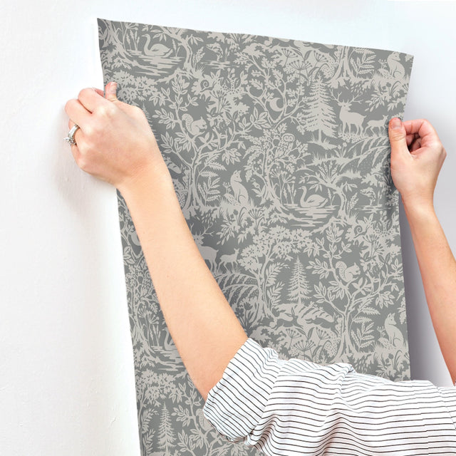 Alrick Charcoal Forest Venture Wallpaper with Woodland Animals Motif - Chesapeake 3125-72321