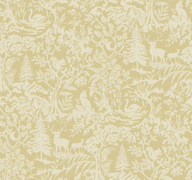 Alrick Mustard Forest Venture Wallpaper with Farmhouse Animals Motif - Chesapeake 3125-72322