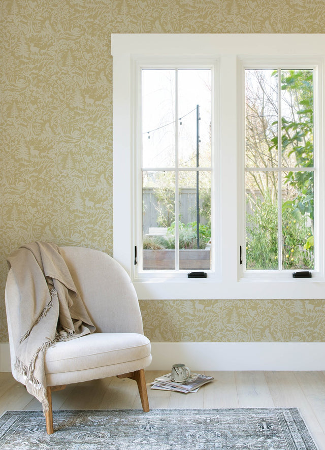 Alrick Mustard Forest Venture Wallpaper with Farmhouse Animals Motif - Chesapeake 3125-72322
