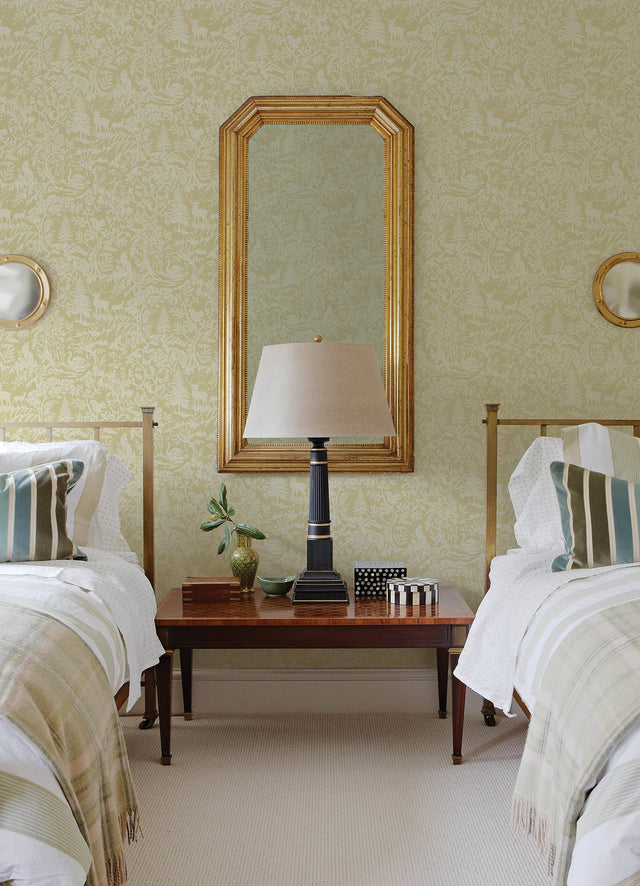 Alrick Mustard Forest Venture Wallpaper with Farmhouse Animals Motif - Chesapeake 3125-72322
