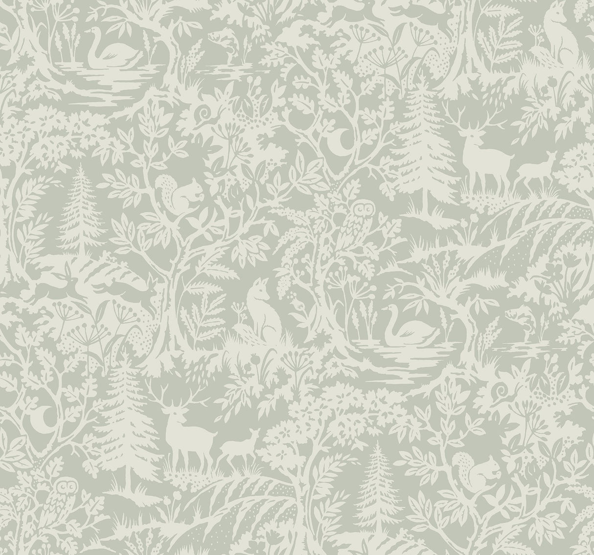 Alrick Sage Forest Venture Wallpaper with Woodland Animals in Farmhouse Style - Chesapeake 3125-72323