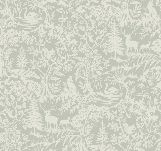 Alrick Sage Forest Venture Wallpaper with Woodland Animals in Farmhouse Style - Chesapeake 3125-72323