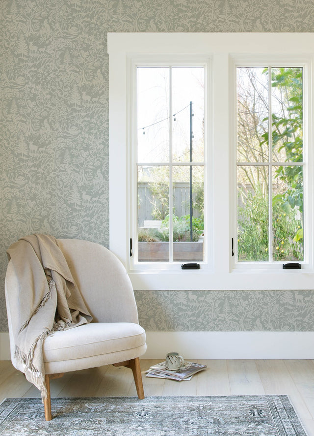 Alrick Sage Forest Venture Wallpaper with Woodland Animals in Farmhouse Style - Chesapeake 3125-72323