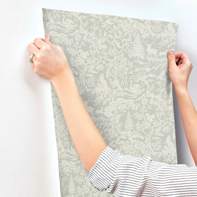 Alrick Sage Forest Venture Wallpaper with Woodland Animals in Farmhouse Style - Chesapeake 3125-72323