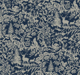 Alrick Navy Forest Venture Wallpaper with Farmhouse Animals Woodland Motif - Brewster 3125-72324