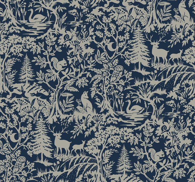 Alrick Navy Forest Venture Wallpaper with Farmhouse Animals Woodland Motif - Brewster 3125-72324