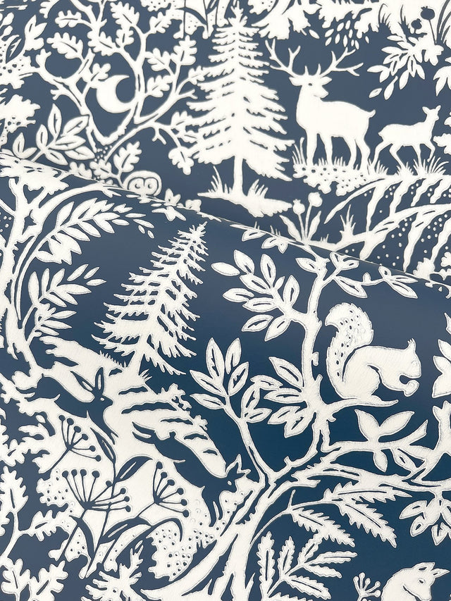 Alrick Navy Forest Venture Wallpaper with Farmhouse Animals Woodland Motif - Brewster 3125-72324