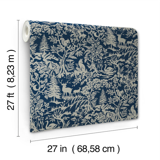 Alrick Navy Forest Venture Wallpaper with Farmhouse Animals Woodland Motif - Brewster 3125-72324